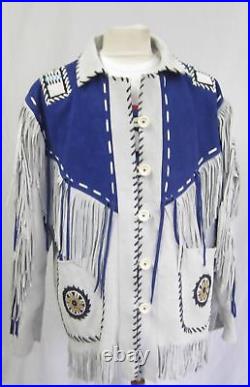 Mens Western Jacket Cowboy Suede Leather Style Native American Fringe Beads Coat