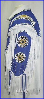 Mens Western Jacket Cowboy Suede Leather Style Native American Fringe Beads Coat