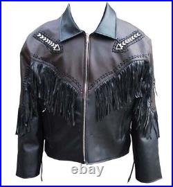 Mens Western Jacket Cowhide Leather Brown Black Fringe Bead Native American Coat