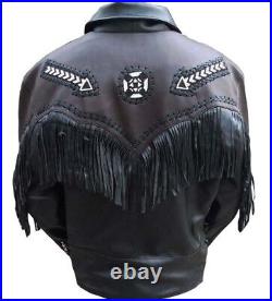 Mens Western Jacket Cowhide Leather Brown Black Fringe Bead Native American Coat