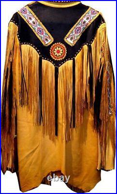 Mens Western Jacket Native American Suede Leather Fringed Beaded Style Coats New