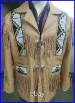 Mens Western Jacket Suede Leather Native American Style Cowboy Fringes Bead Coat