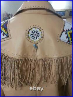 Mens Western Jacket Suede Leather Native American Style Cowboy Fringes Bead Coat