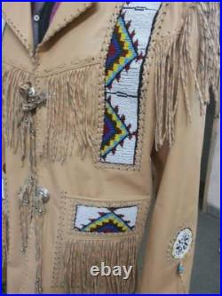 Mens Western Jacket Suede Leather Native American Style Cowboy Fringes Bead Coat