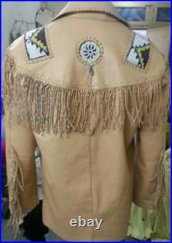 Mens Western Jacket Suede Leather Native American Style Cowboy Fringes Bead Coat