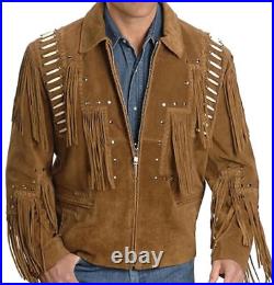 Mens Western Jackets Brown Suede Leather Cowboy Fringe Beads Bone American Coats