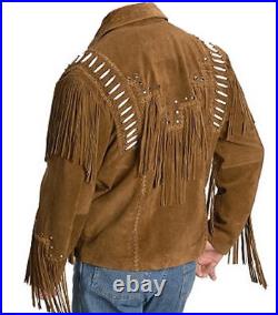 Mens Western Jackets Brown Suede Leather Cowboy Fringe Beads Bone American Coats