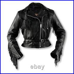 Mens Western Jackets Cowboy Cowhide Leather Fringe Black Native American Coats