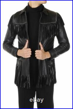 Mens Western Jackets Cowhide Leather Cowboy Traditional Fringe Zip Up Coats New