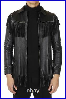 Mens Western Jackets Cowhide Leather Cowboy Traditional Fringe Zip Up Coats New