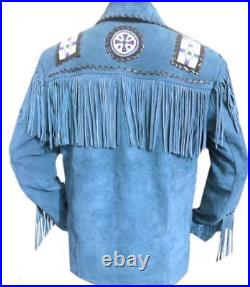 Mens Western Jackets Suede Leather Beads Bones Fringes Native American Coats New
