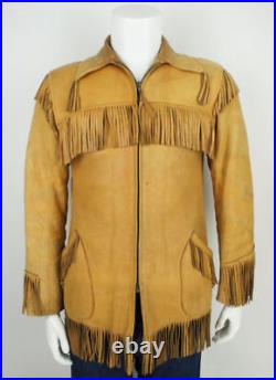 Mens Western Jackets Suede Leather Beige Cowboy Fringe American Coats XS to 4XL