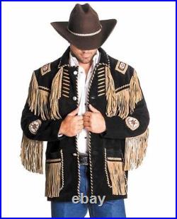 Mens Western Jackets Suede Leather Cowboy Fringe Bead Bones Traditional Coat New