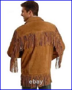 Mens Western Jackets Suede Leather Cowboy Style Fringes American Leather Coats