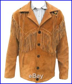 Mens Western Suede Leather Jacket With Fringe And Beads Work
