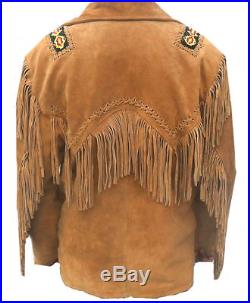 Mens Western Suede Leather Jacket With Fringe And Beads Work