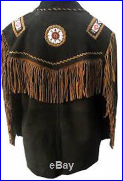 Mens Western Suede Leather Jacket With Fringe And Eagle Beads Work