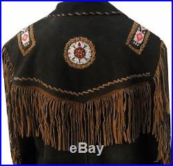 Mens Western Suede Leather Jacket With Fringe And Eagle Beads Work