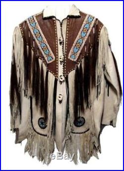 Mens Western Suede Leather Jacket/coat With Fringe And Beads Work