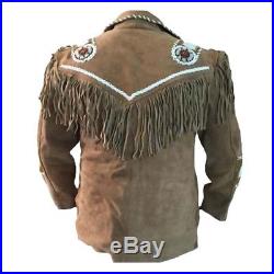 Mens Western Suede Leather Wear Cowboy Tan Fringe Native American Beads Jacket