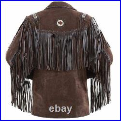 Mens Western Wear Brown Suede Leather Cowboy Fringe Native American Coat Jacket