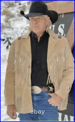 Mens Western Wear Coat Cowboy Fringes & Beads Light Cognac Suede Leather Jacket