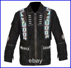 Mens Western Wear Coat Style Black Suede Cowboy Jacket 80s Fashion Fringed Beads