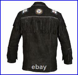 Mens Western Wear Coat Style Black Suede Cowboy Jacket 80s Fashion Fringed Beads