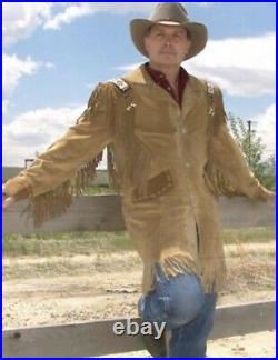 Mens Western Wear Cowboy Suede Leather Jacket coat With Fringes Bones and Beads