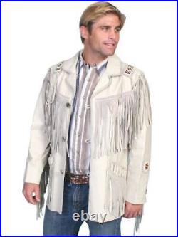 Mens Western Wear Jackets Suede White Leather Cowboy Fringe Beads American Coat