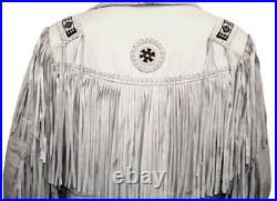 Mens Western Wear Jackets Suede White Leather Cowboy Fringe Beads American Coat