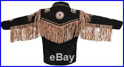 Mens Western Wear Suede Leather Jacket Coat Beads & Fringes Indian traditional