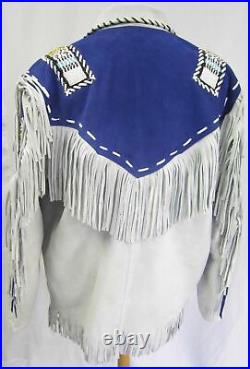 Mens White Cowboy Western Suede Leather Jacket Fringe Beads Blue Patches Coat