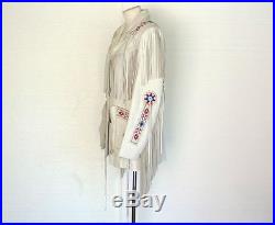 Mens White Western Cowboy Leather Jacket coat With Fringes and Beads