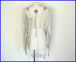 Mens White Western Cowboy Leather Jacket coat With Fringes and Beads