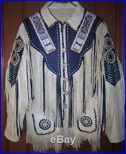 Mens White Western Real Cow Leather Jacket With Fringe, Bone Beads blue patches