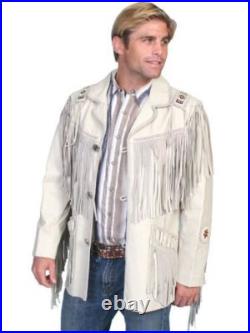 Mens White Western Wear Suede Leather Cowboy Style Fringe American Leather Coat