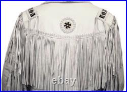Mens White Western Wear Suede Leather Cowboy Style Fringe American Leather Coat