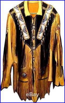 Mens Yellow Black Western Cowboy Leather Jacket coat With Fringe Bone and Beads