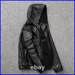 Mens Youth Slim Fit Leather Hooded Long Sleeve Jacket Motor Casual Outdoor Coats