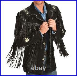 Mens black Suede leather Fringed cowboy style western jacket coat