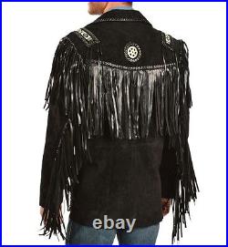 Mens black Suede leather Fringed cowboy style western jacket coat