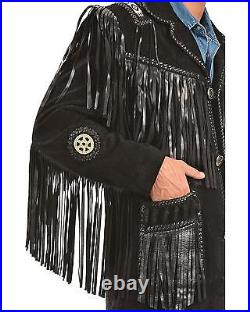 Mens black Suede leather Fringed cowboy style western jacket coat