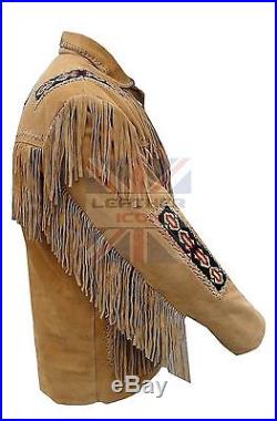 Mens brown Suede Western Cowboy Style Leather Jacket With Fringe Bones and Beads