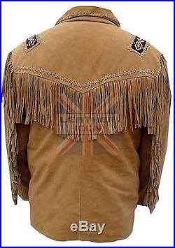 Mens brown Suede Western Cowboy Style Leather Jacket With Fringe Bones and Beads