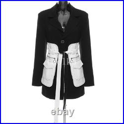 Mid Long Blazer Belt Coat Jacket OL White Black Matching Pockets Outwears Womens