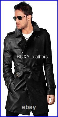 Modern Look Men Black Belt Jacket Genuine Lambskin Real Leather Long Trench Coat