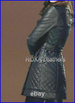 Modern Women's Genuine Sheepskin Leather Overcoat HOT Black Solid Quilted Jacket