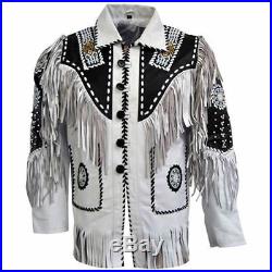 Motokit Men Native American Indian Leather Jacket Beading & Fringe Work
