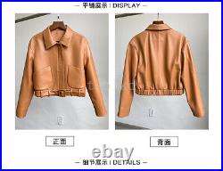 Motorcycle Womens Zipper Real Leather Short Coat Jacket Lapel Collar Pockets 2XL